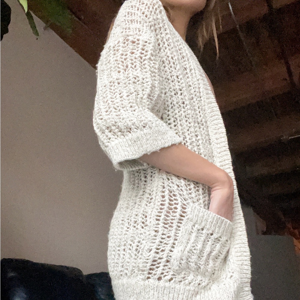 Free People marble tan crochet knit open cardigan quarter sleeve sweater